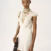 Vestido mini de cuello alto en seda jacquard y encaje