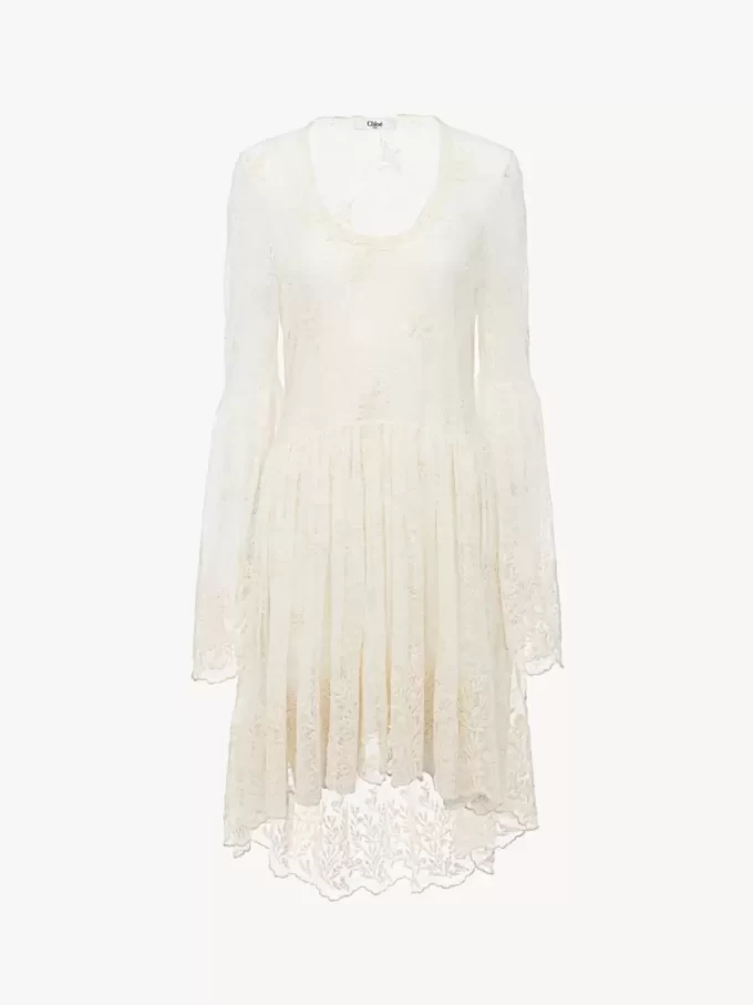 Vestido mini de escote redondo en encaje bordado