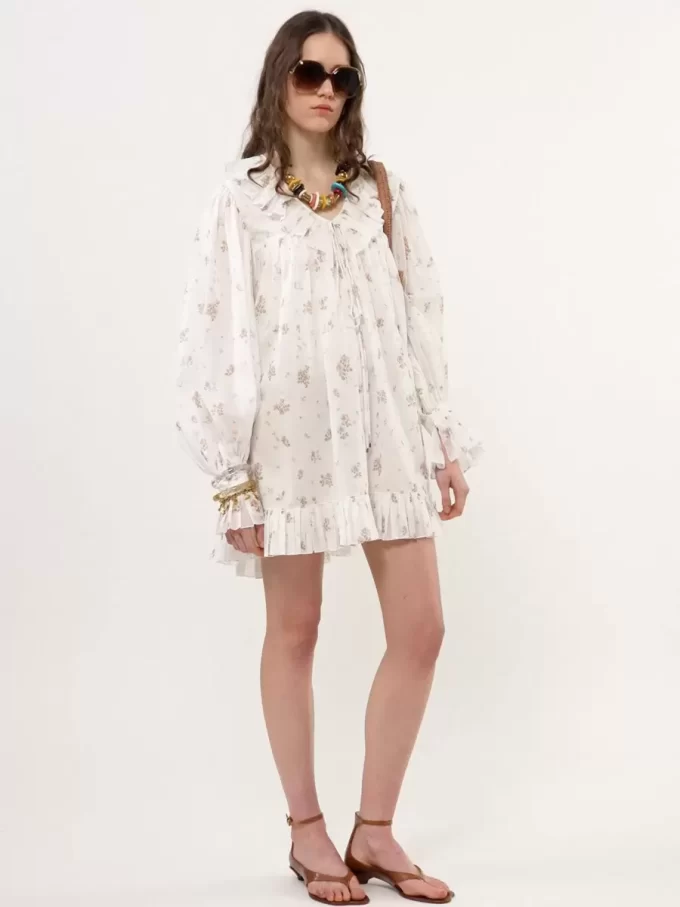 Vestido mini fruncido de manga larga en voile de algodón