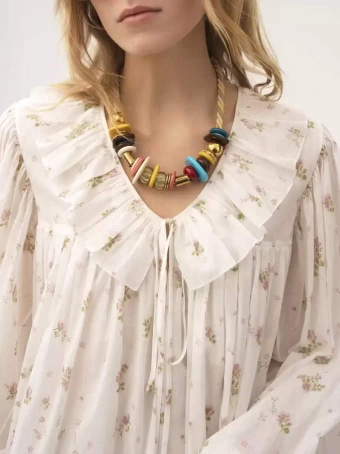 Vestido mini fruncido de manga larga en voile de algodón