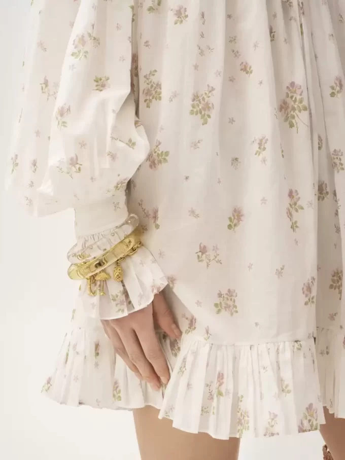 Vestido mini fruncido de manga larga en voile de algodón